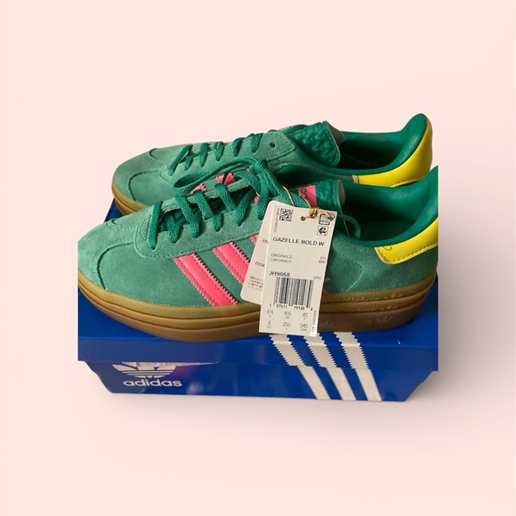 adidas Shoes - adidas Gazelle Bold W Suede Sneakers - Green with Pink & Yellow Accents